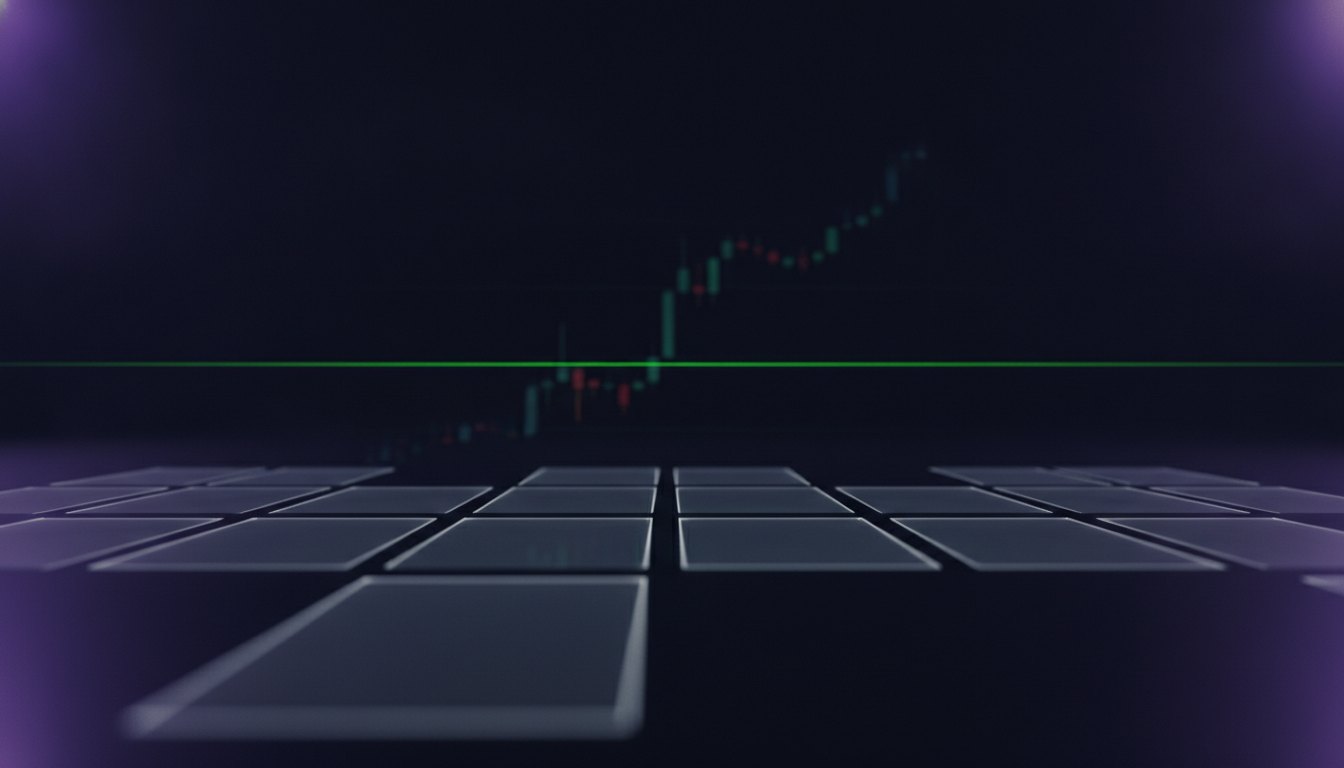 Trading terminology glossary: frosted reference cards and a candlestick chart on a dark trading canvas